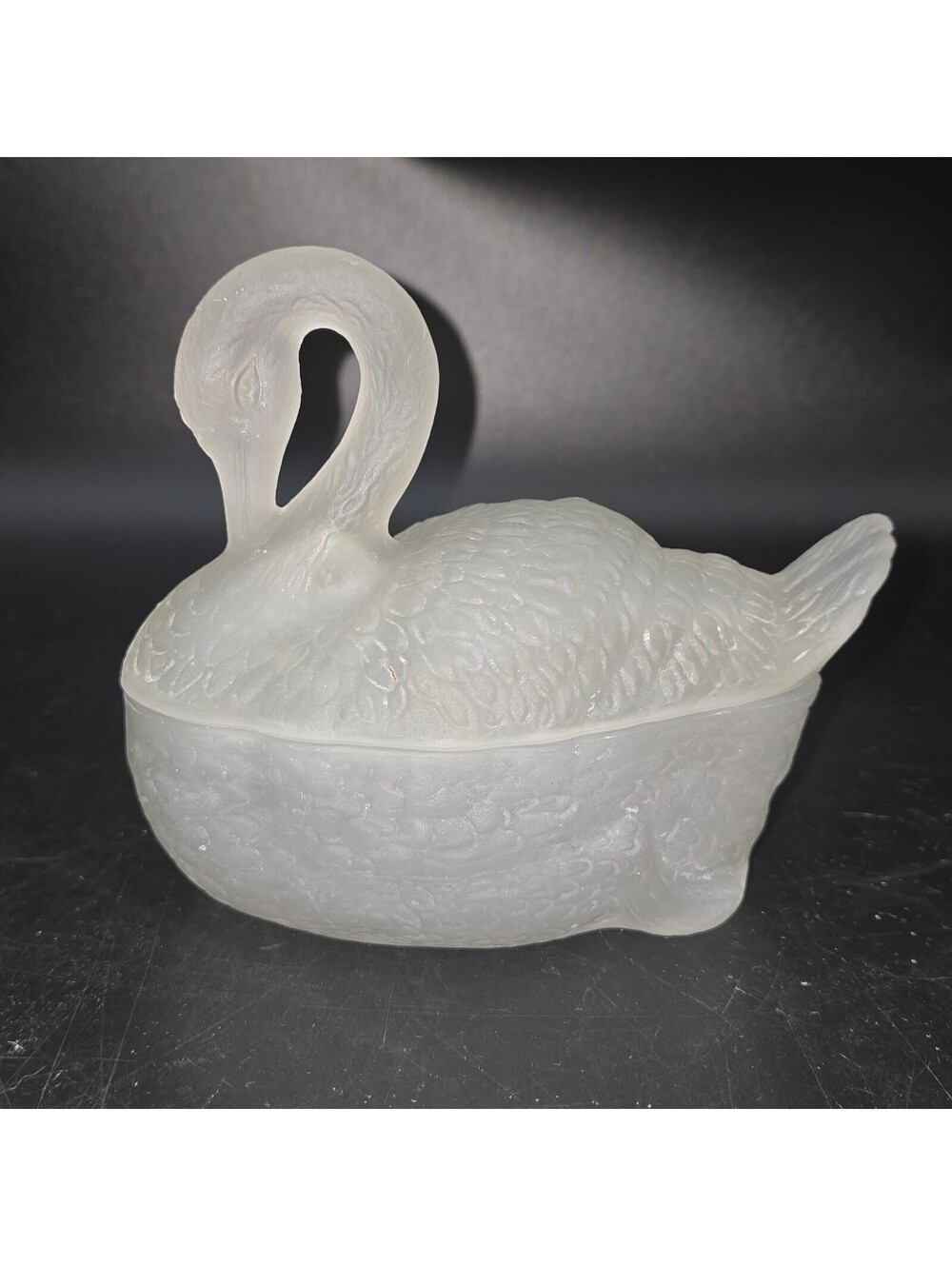 Vintage LE Smith Frosted Crystal Satin Glass Swan Covered Dish No 3 Large 8”